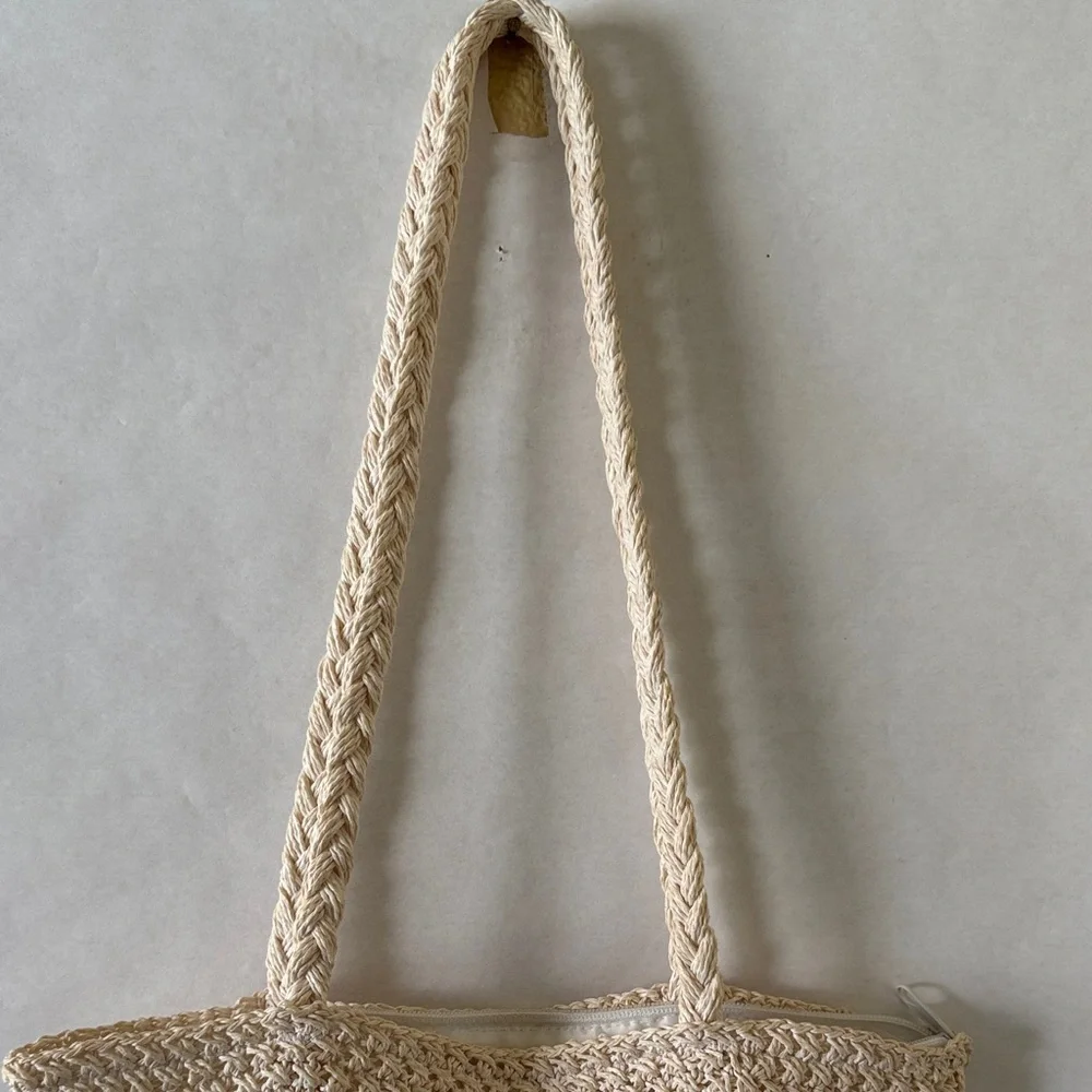 Woven Cream Crochet Shoulder Tote Bag Pastel Floral Embroidered Cottagecore - Picture 3 of 12